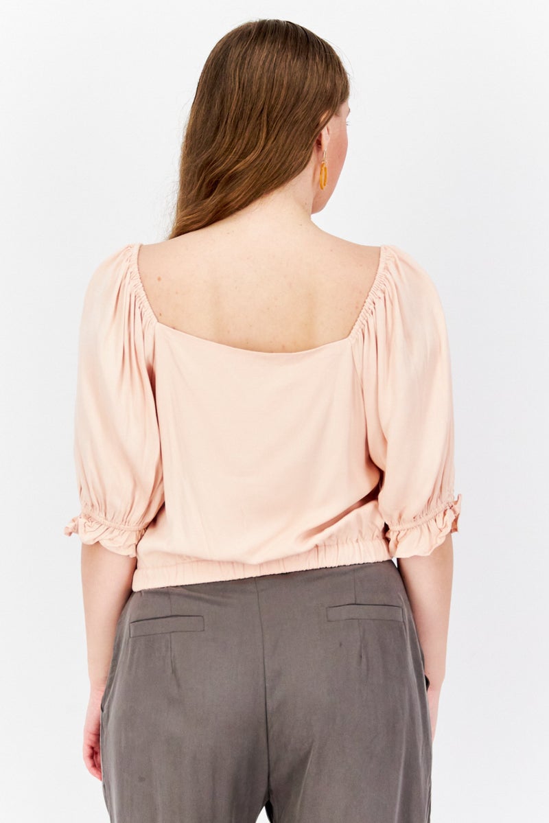 1 State Women Square Neck Puff Sleeve Solid Cropped Top, Peach - Image 3