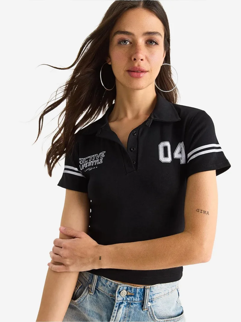 Bianco Lucci LUCCI Printed Polo Collar Fitted Crop T-Shirt