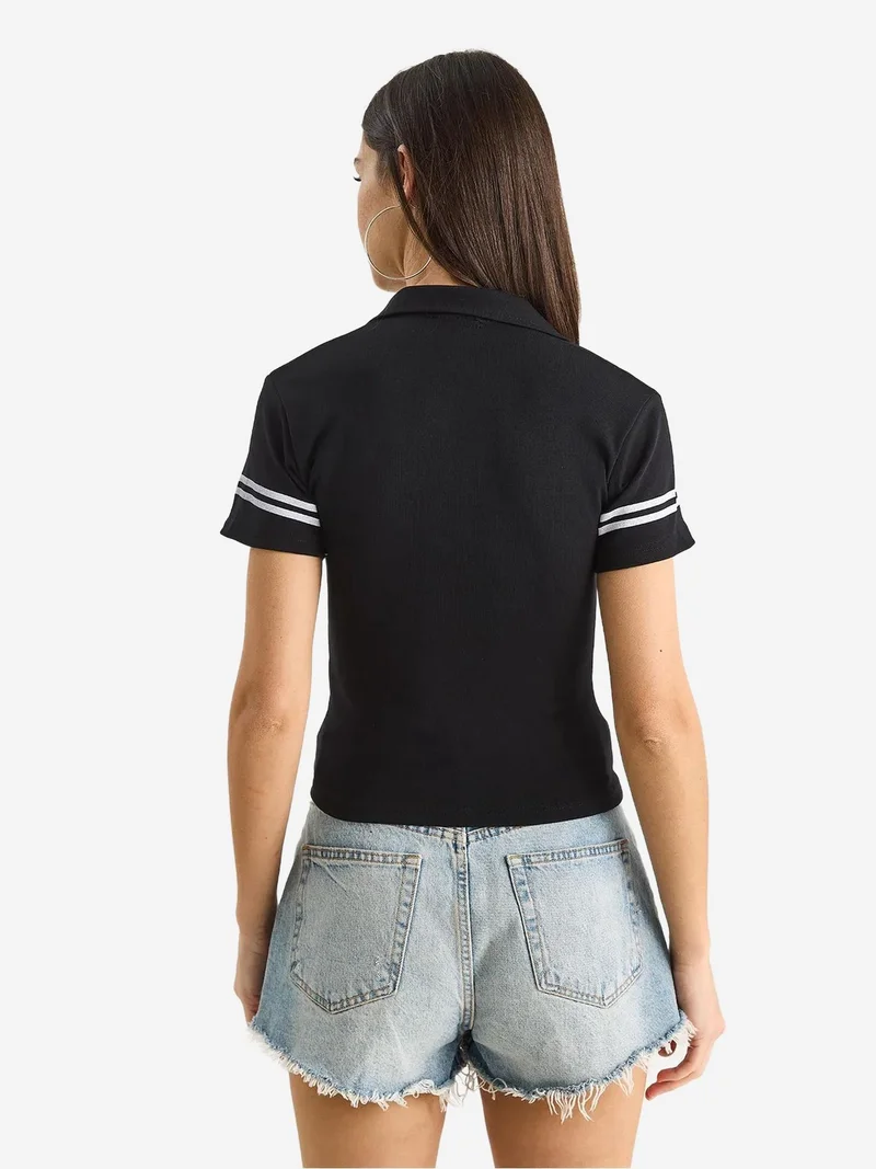 Bianco Lucci Black LUCCI Printed Polo Collar Fitted Crop T-Shirt for Women | Best Price UAE