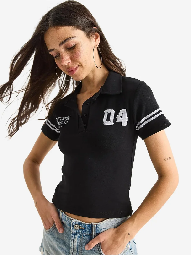 Bianco Lucci Black LUCCI Printed Polo Collar Fitted Crop T-Shirt for Women | Best Price UAE
