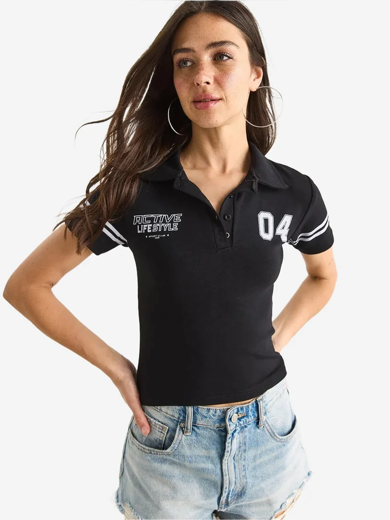 Bianco Lucci Black LUCCI Printed Polo Collar Fitted Crop T-Shirt for Women | Best Price UAE