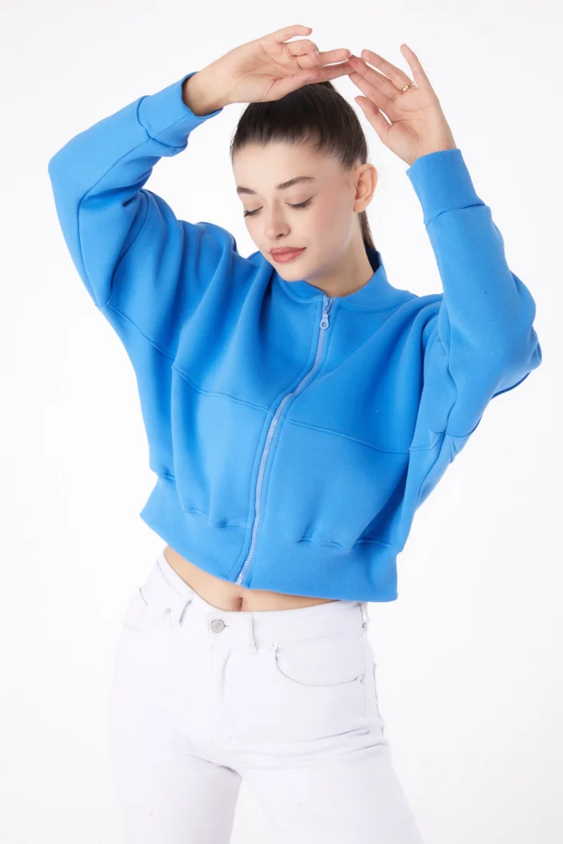 Tofisa Plain Mandarin Collar Women's Blue Zippered Crop Sweatshirt - 26274
