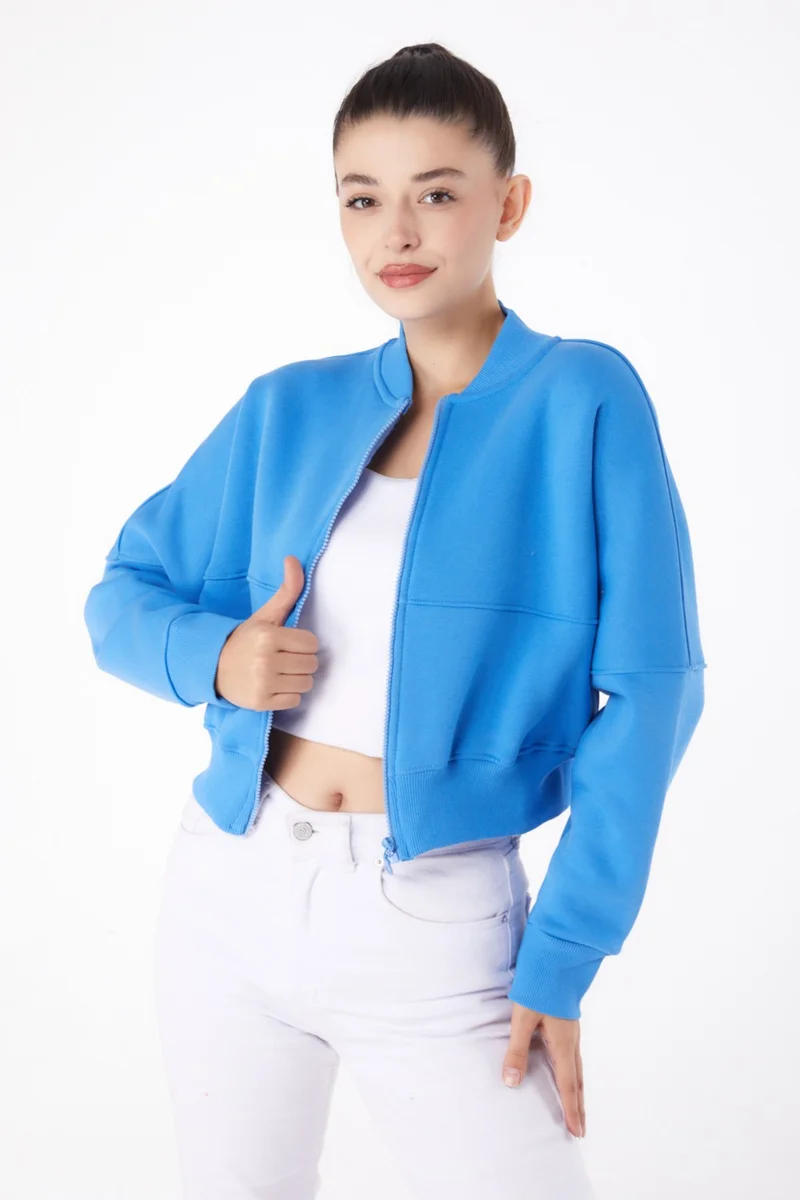 Tofisa Plain Mandarin Collar Women's Blue Zippered Crop Sweatshirt - 26274