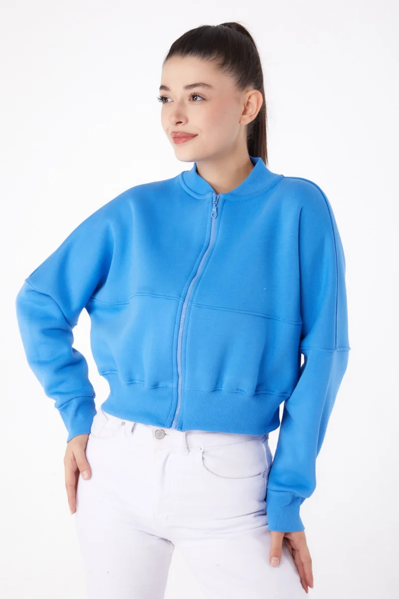 Tofisa Plain Mandarin Collar Women's Blue Zippered Crop Sweatshirt - 26274