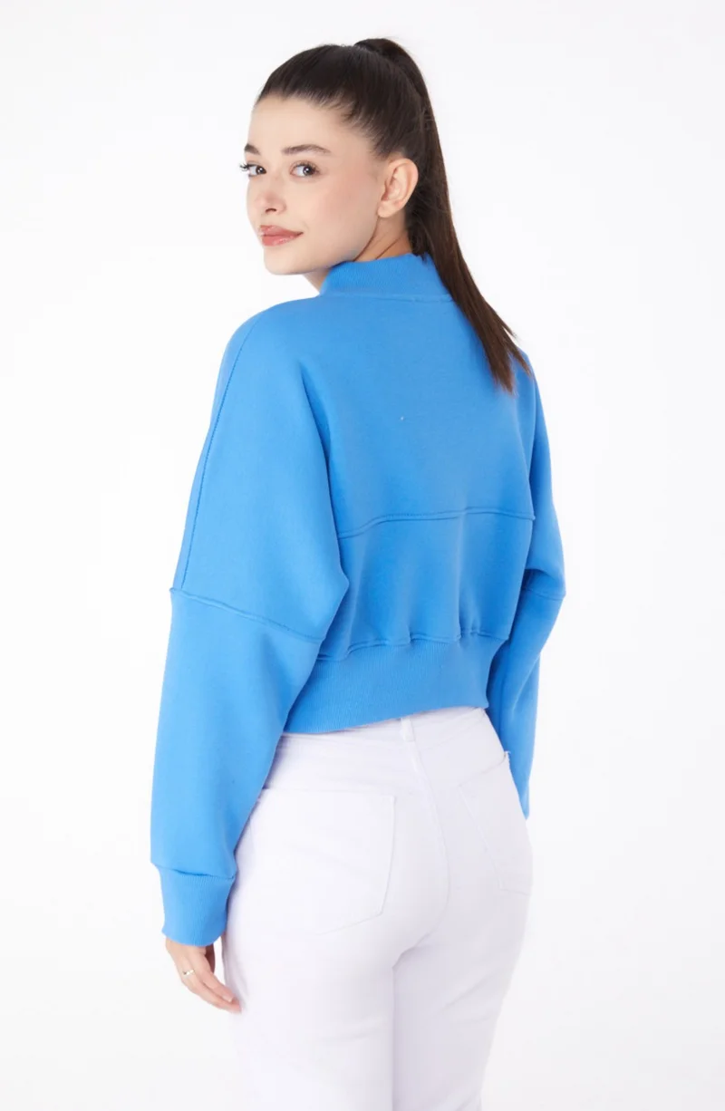 Tofisa Plain Mandarin Collar Women's Blue Zippered Crop Sweatshirt - 26274