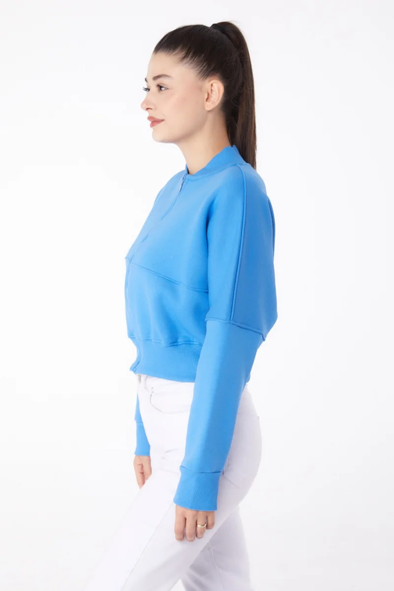 Tofisa Plain Mandarin Collar Women's Blue Zippered Crop Sweatshirt - 26274