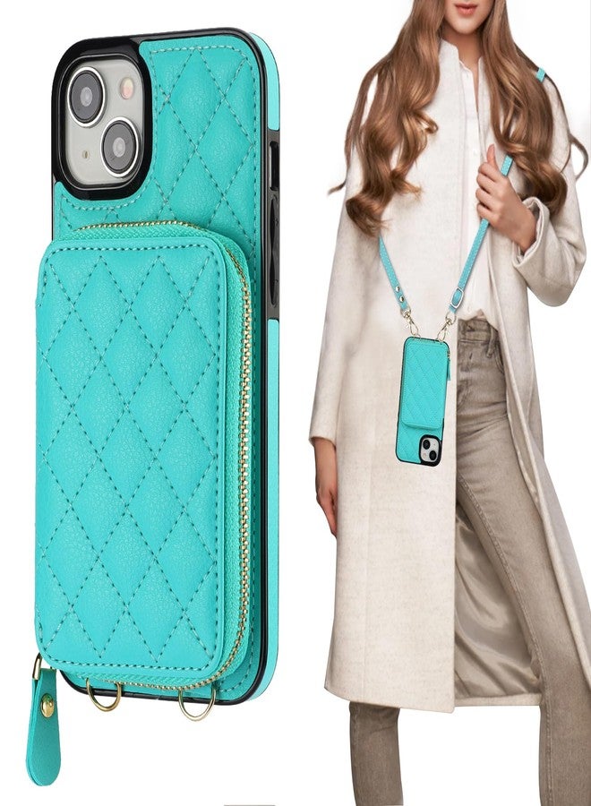 Bocasal Crossbody Wallet Case for iPhone 15 Plus, RFID Blocking PU Leather Zipper Handbag Purse Flip Cover, Kickstand Folio Case with Card Slots Holder Wrist Strap Lanyard 5G 6.7 Inch (Mint Green) - Image 1