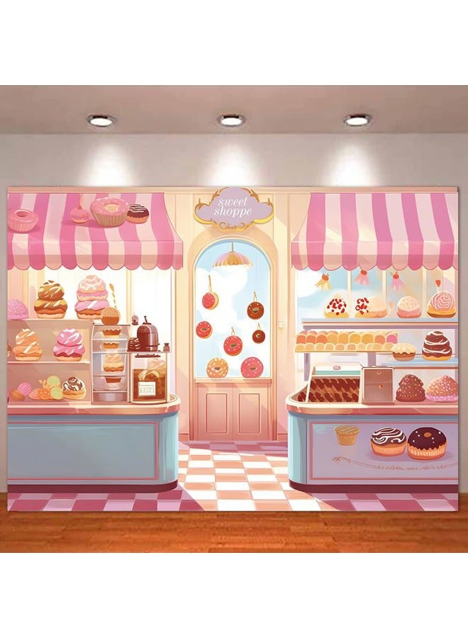HQM Pink Cute Sweet Shop Banner Donut Cake Candy Shop Bakery Store Cake Donut Ice Cream Girls Princess Birthday Baby Shower Party Photography Backdrop 71x47.2 Inch Supplies - Image 1