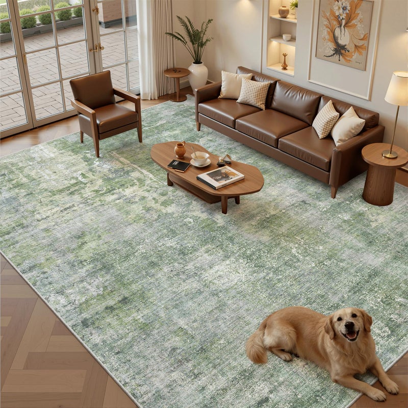Soalmost Abstract Rug 8x10 Large Living Room Rugs Neutral Modern Washable Area Rugs for Bedroom Dining Room Non-Slip Stain Resistant Foldable Thin Rug Green - Image 1