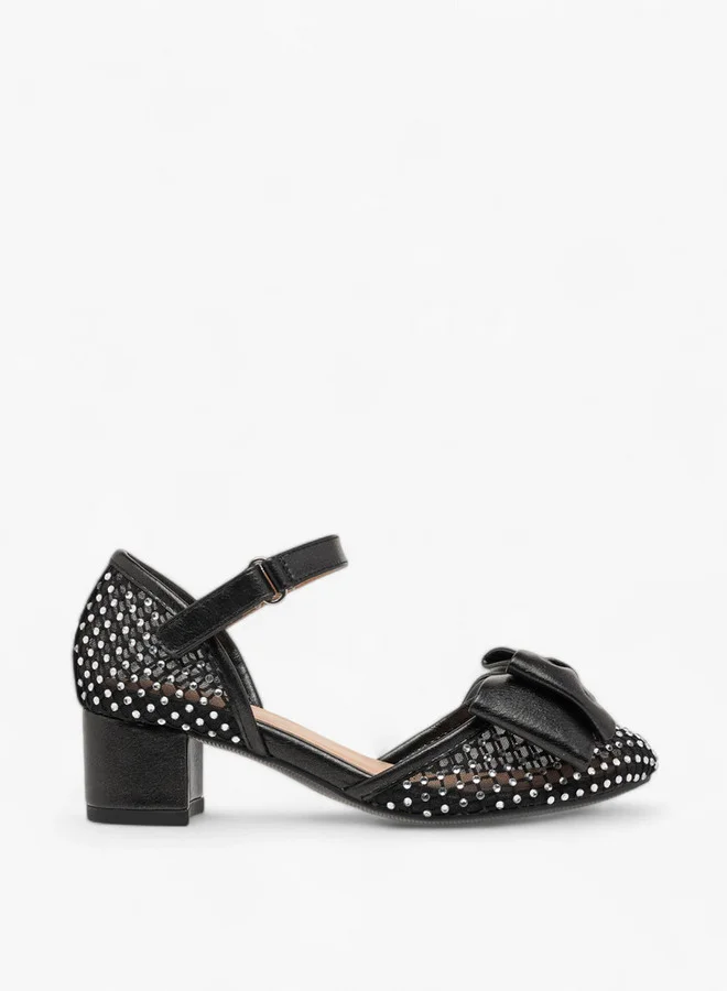 Celeste Girls Bow Accent Block Heel Shoes with Hook and Loop Closure
