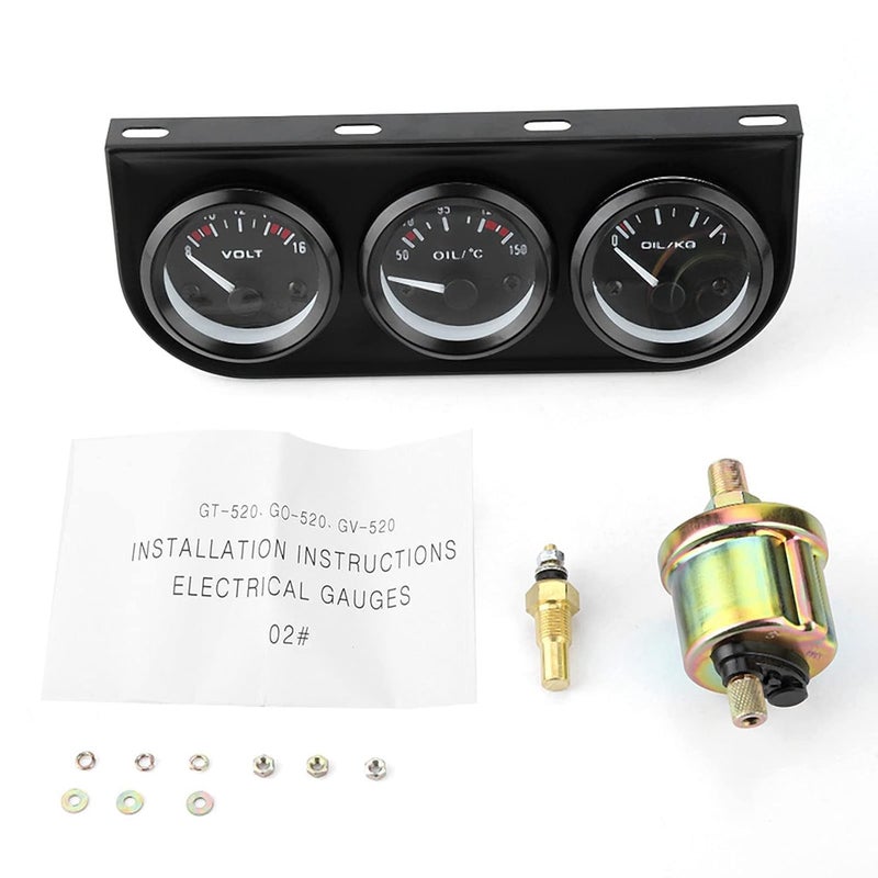 Triple Gauge Kit, Voltmeter Water Temp Oil Pressure Tachometer, Black 12V - Precise Readings, Rugged ABS Aluminum Build, Ideal for Automotive Use - Image 1