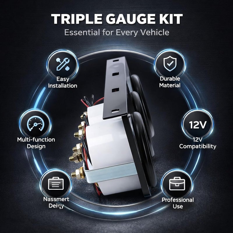 Triple Gauge Kit, Voltmeter Water Temp Oil Pressure Tachometer, Black 12V - Precise Readings, Rugged ABS Aluminum Build, Ideal for Automotive Use - Image 3
