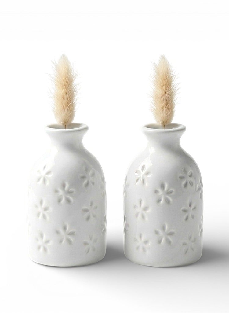 دائرة خضراء طقم مزهريات سيراميك صغيرة 8 سم (قطعتان) - مزهريات براعم لامعة مزخرفة بنقوش زهرية للزهور المجففة، ونبات البامباس، وديكورات منزلية صغيرة - Image 1