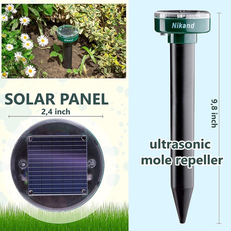 NIKAND Gopher Repellent Ultrasonic Solar Powered 2 pcs - Mole Repellent Stakes Rodent Outdoor - Groundhog Repeller Snake Spike Chaser Pest Control - Sonic Mole Deterrent Pet Safe Devices - Image 2