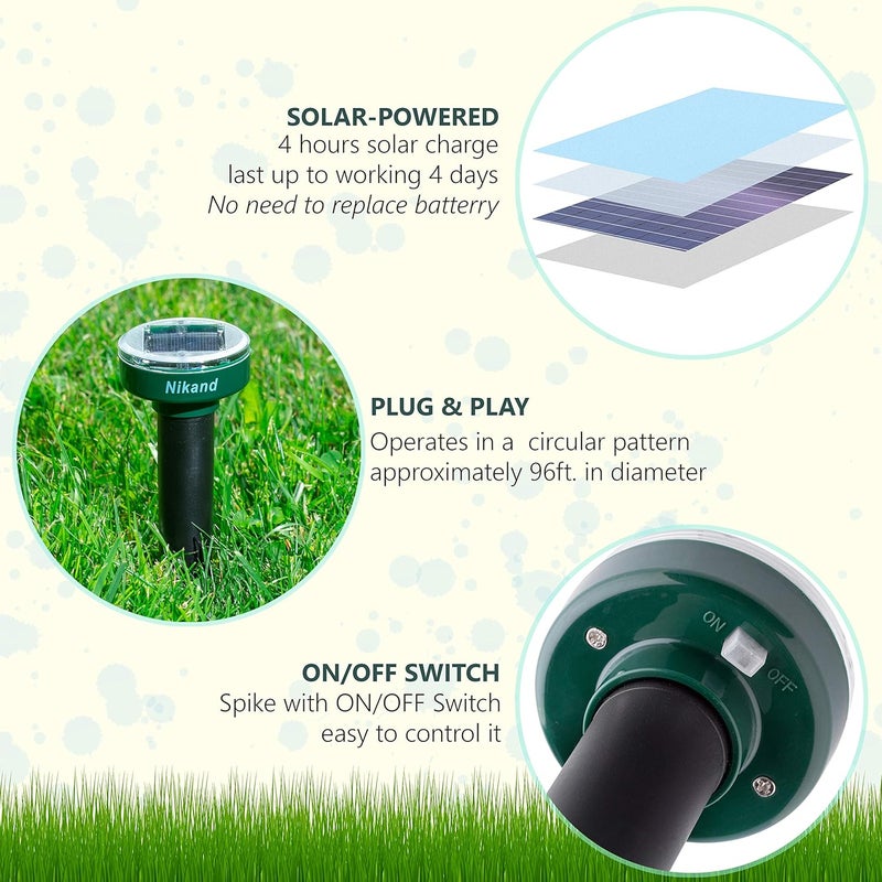 NIKAND Gopher Repellent Ultrasonic Solar Powered 2 pcs - Mole Repellent Stakes Rodent Outdoor - Groundhog Repeller Snake Spike Chaser Pest Control - Sonic Mole Deterrent Pet Safe Devices - Image 5