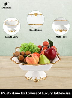 Life Smile LIFE SMILE Round Bone China Serving Bowl With Gold Stand  - Fruit Basket For Fruit Vegetable Storage Snack Nuts Cake Dessert  - Image 4