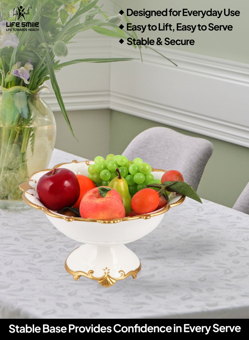 LIFE SMILE Round Bone China Serving Bowl With Gold Stand  - Fruit Basket For Fruit Vegetable Storage Snack Nuts Cake Dessert - Image 5
