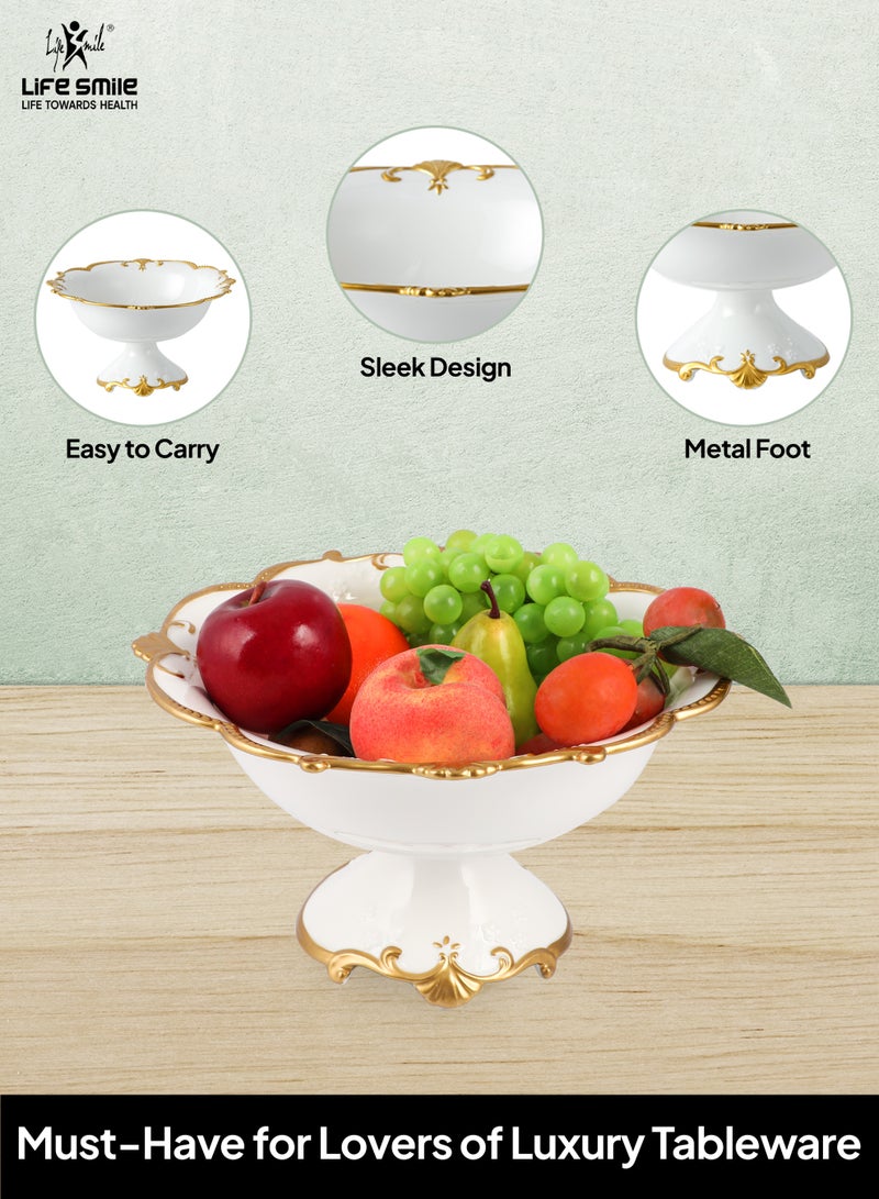 LIFE SMILE Round Bone China Serving Bowl With Gold Stand  - Fruit Basket For Fruit Vegetable Storage Snack Nuts Cake Dessert - Image 4