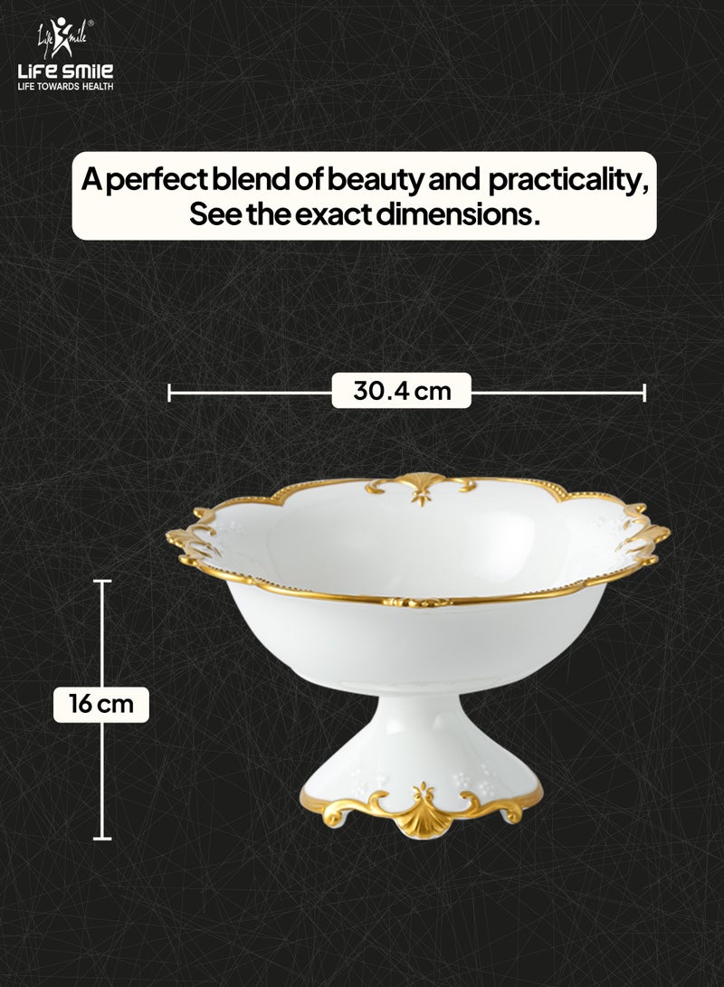 LIFE SMILE Round Bone China Serving Bowl With Gold Stand  - Fruit Basket For Fruit Vegetable Storage Snack Nuts Cake Dessert - Image 3