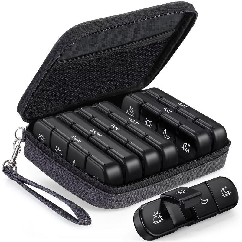 PULIV Weekly Pill Organizer 4 Times a Day with a Business Stylish Bag, Portable Pill Box 7 Day with 28 Compartments for Men, Removable Pill Sorters to Store Vitamin, Medication, Fish Oil, Supplements - Image 1