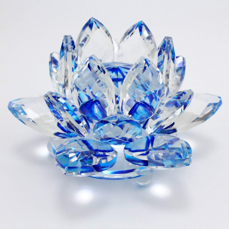 TENGFENG TENGFENG Sparkle Crystal Lotus Flower  4 Hue Reflection Clear Crystal Blue Lotus for Feng Shui Home Decor Sun Catcher Ornaments or Paper Weight with Gift Box 100MM Blue 