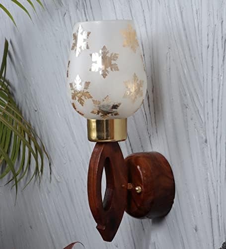 Green House Handmade Sheesham Wood Wall Light Lamp | Modern Fancy Light | Gold Leaf Printed Glass | E27 Bulb Holder(Bulb not Included) | Diwali Decor | Bedroom, Living Room, Dining Room, Hallway - Image 1