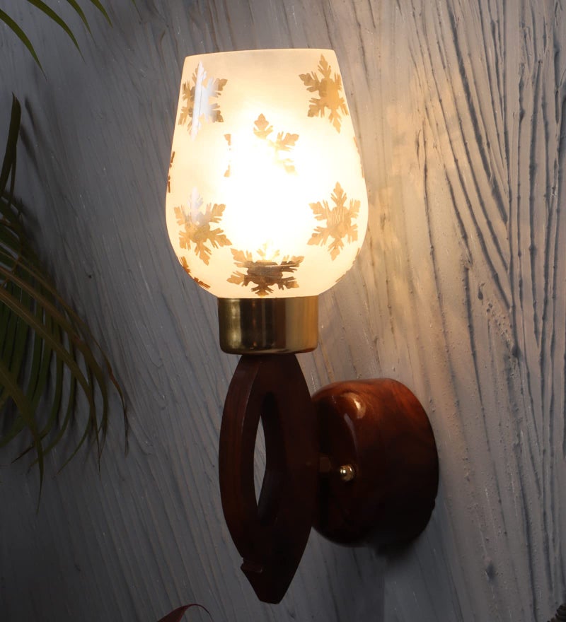 Green House Handmade Sheesham Wood Wall Light Lamp | Modern Fancy Light | Gold Leaf Printed Glass | E27 Bulb Holder(Bulb not Included) | Diwali Decor | Bedroom, Living Room, Dining Room, Hallway - Image 2