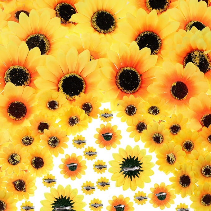 CLIP ON FAKE SUNFLOWERS ARTIFICIAL SUNFLOWER HEADS WITH CLIPS FAUX SILK SUNFLOWER YELLOW FLOWERS HEAD FOR CHRISTMAS TREE WEDDING BOUQUETS DIY CRAFT DECOR37316 IN 100 PIECES