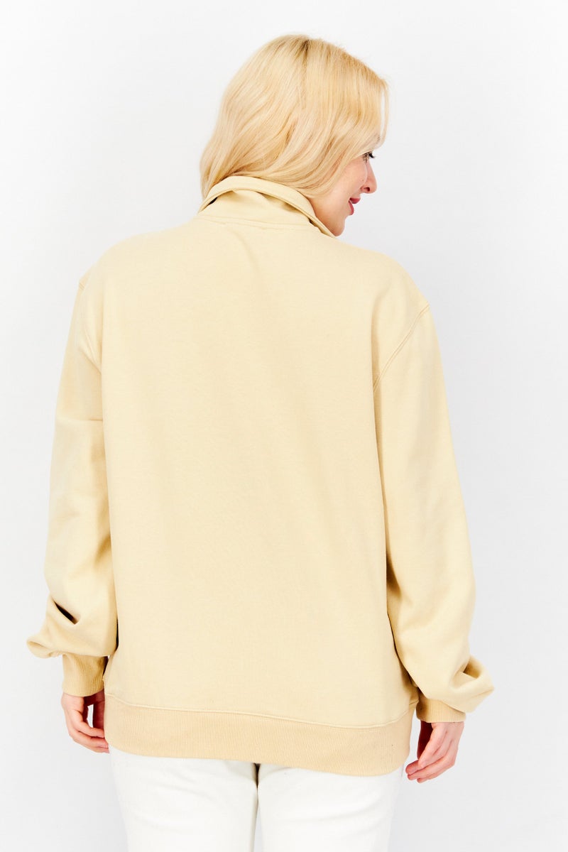 ESPRIT Women Stand Neck Embroidered Logo Sweatshirt, Beige - Image 4