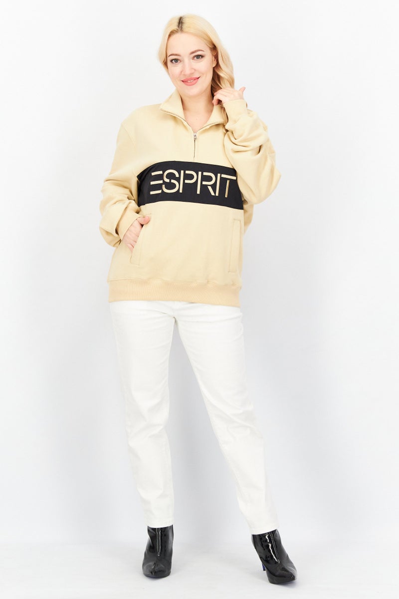 ESPRIT Women Stand Neck Embroidered Logo Sweatshirt, Beige - Image 3