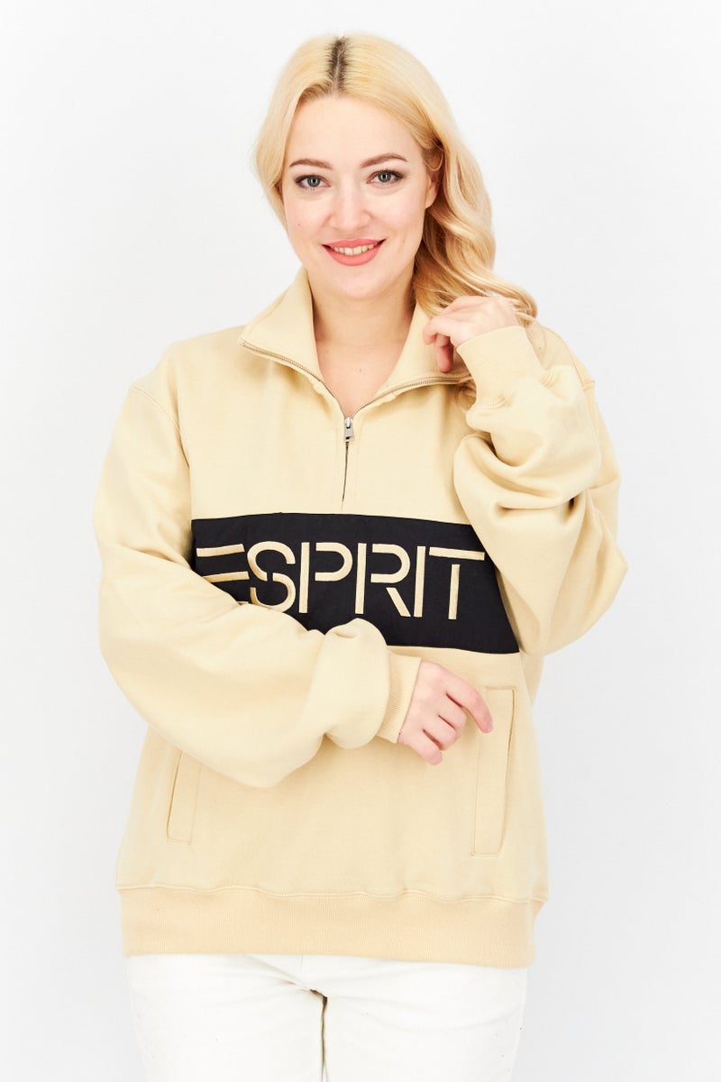 ESPRIT Women Stand Neck Embroidered Logo Sweatshirt, Beige - Image 1
