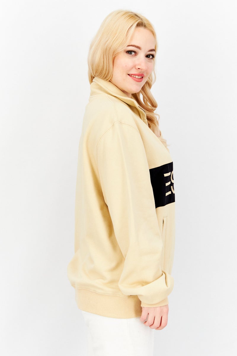 ESPRIT Women Stand Neck Embroidered Logo Sweatshirt, Beige - Image 2
