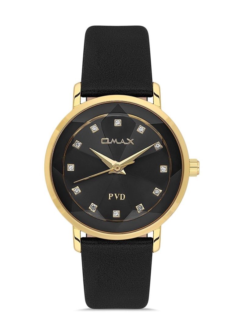Omax Women's Black Luxury Wrist Watch, Watches for Women, Stainless Watches, Leather Band, Gold Round Dial, Waterproof Watch, 1 Year Warranty - Image 1
