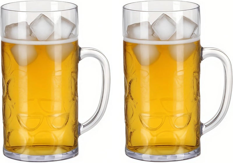Komost 38oz Plastic Large Beer Mugs with Handle Set of 2, Reusable Beer Stein Drinking Glasses Cups for Party, Bar, Home, Hotel, Perfect for Whiskey, Juice, Cocktail Beverages - Image 1