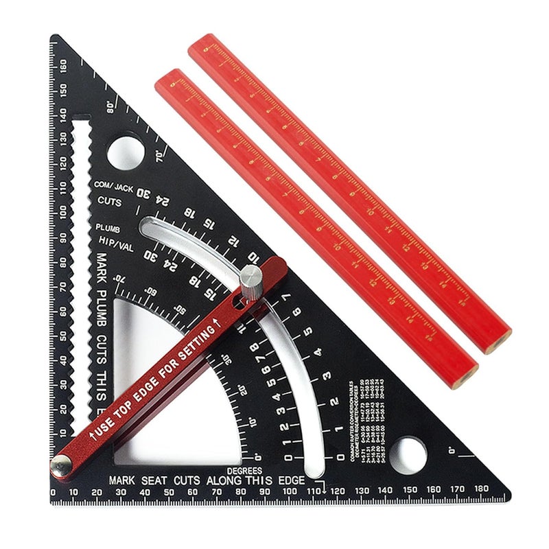 Metric Carpenter Square 80 Degree Adjustable Angle Ruler with 2 Pencils for Woodworking - Image 1