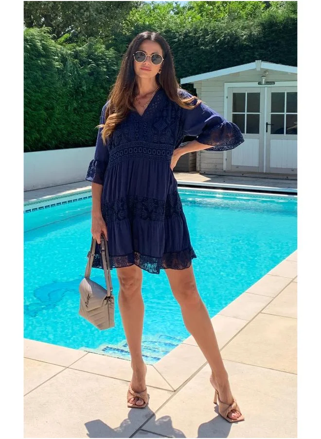 Hoxton Gal Lace Detail V-Neck Mini Dress with 3/4 Sleeves in Navy