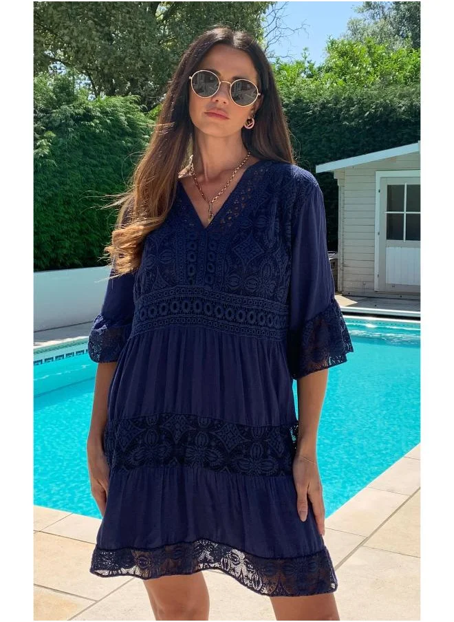 Hoxton Gal Lace Detail V-Neck Mini Dress with 3/4 Sleeves in Navy