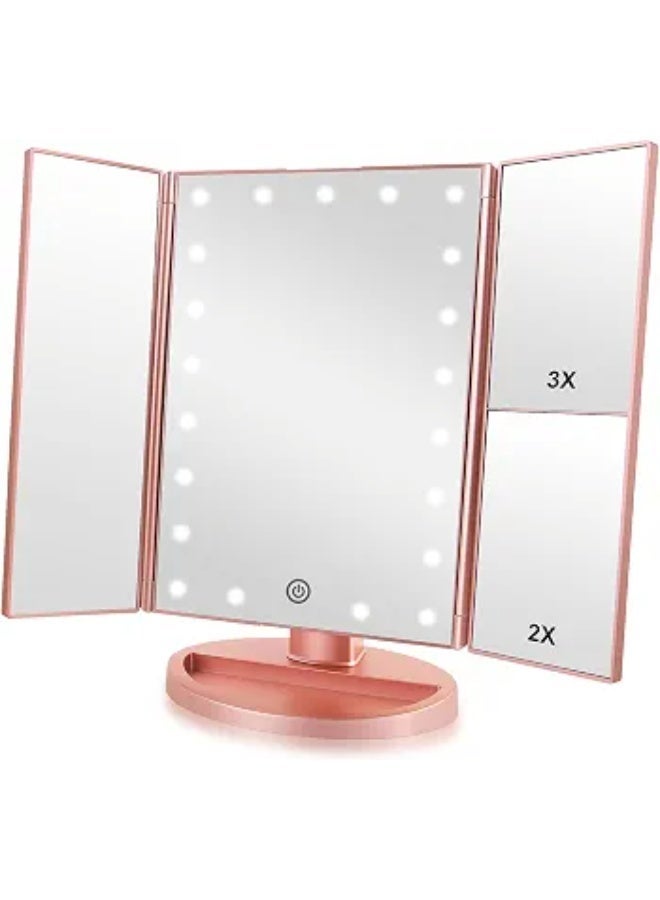 Tri-Fold Lighted Makeup & Vanity Mirror – 1X/2X/3X Magnification, Tabletop Mirror with 21 LEDs and Touchscreen, 180° Adjustable Rotation, Portable Travel Beauty Mirror - Image 1