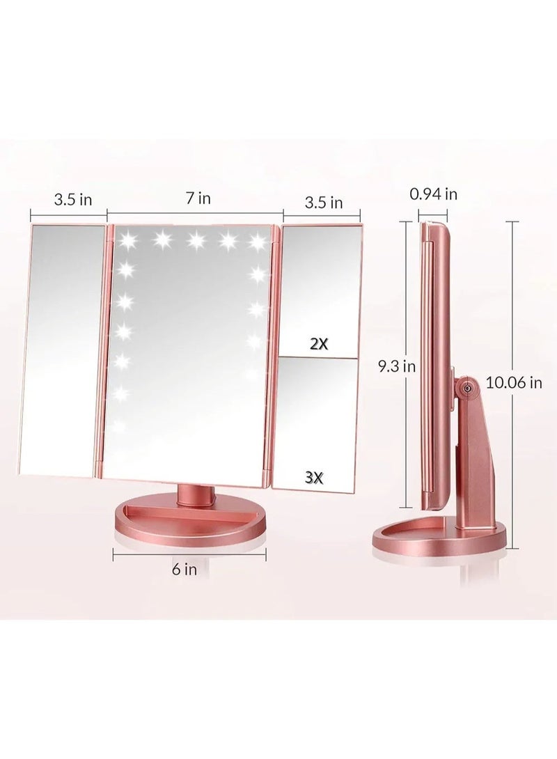 Tri-Fold Lighted Makeup & Vanity Mirror – 1X/2X/3X Magnification, Tabletop Mirror with 21 LEDs and Touchscreen, 180° Adjustable Rotation, Portable Travel Beauty Mirror - Image 2