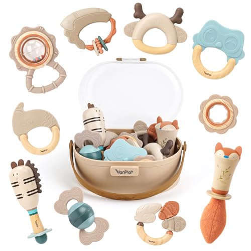 Vanplay Baby Rattles Teethers Set Baby Toys 06 Months Teething Toys 36 Months Sensory Toys with Soft Textures Gentle Sounds EasyGrip Shape Neutral Newborn Gift10Pack - Image 1