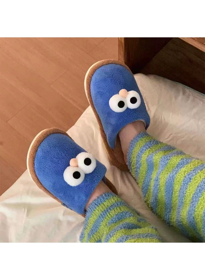 Cute Big Eyes Contrasting Color Furry Shoes For Women Winter Outer Wear Non-slip Plush Warm Indoor Home Baotou Cotton Slippers