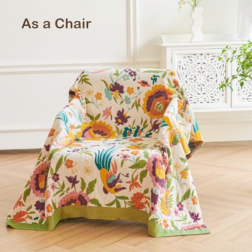 VANJOROY Boho Throw Blanket for Bed 100 Organic Cotton Breathable Ultra Soft 60 x 80 Quilt Throw All Season Floral Rustic Farmhouse Decor Luxury Reversible Blanket for Sofa Couch Chair and Gift - Image 3