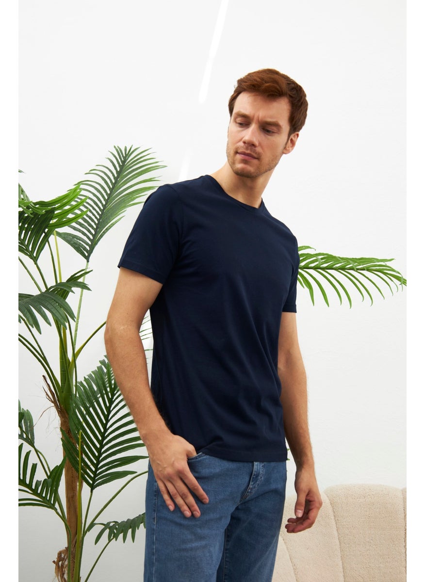 Odelon Men's Crew Neck Slim Fit Basic T-Shirt Navy Blue  - Image 4