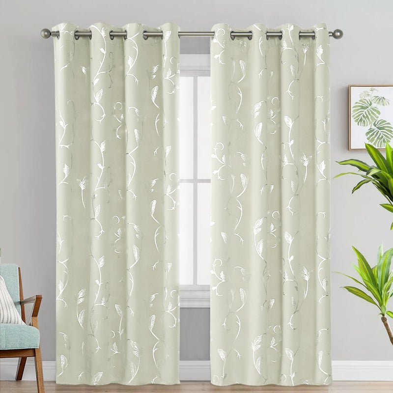 BUHUA Blackout Curtains Silver Foil Print Flower Vine Grommet Drapes, Room Darkening Thermal Insulated Curtains, Noise Reducing Curtain for Bedroom, Cream, 52Wx84L, 2 Panels - Image 2