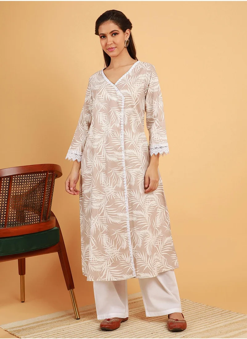 QISSA Women's Saltbox Beige Soft Fern Kurta With Trousers