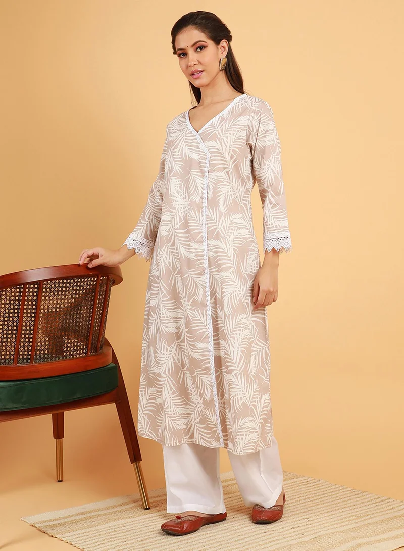 QISSA Women's Saltbox Beige Soft Fern Kurta With Trousers