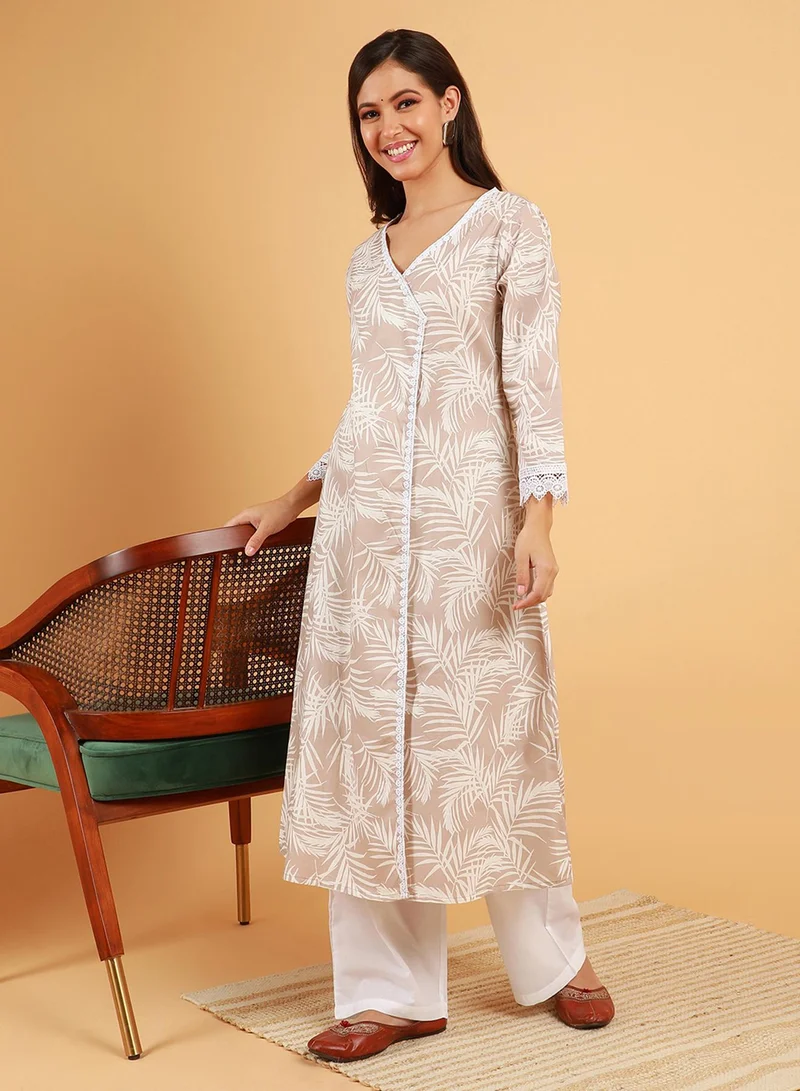 QISSA Women's Saltbox Beige Soft Fern Kurta With Trousers
