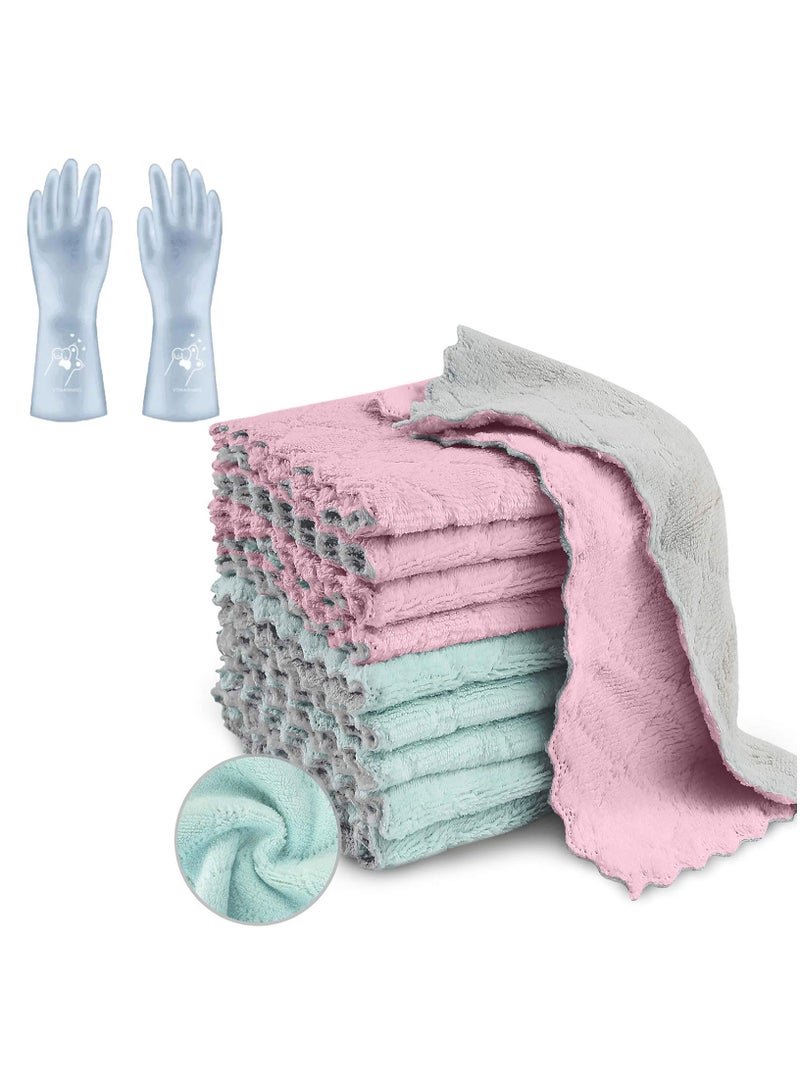 Mmmon 10 Pack Kitchen Cloth Dish Towels and a pair of cleaning gloves, Soft Premium Dishcloths, Absorbent MicrofiberCleaning Cloth for Cleaning Dishes,Kitchen,Bathroom,Car. - Image 1