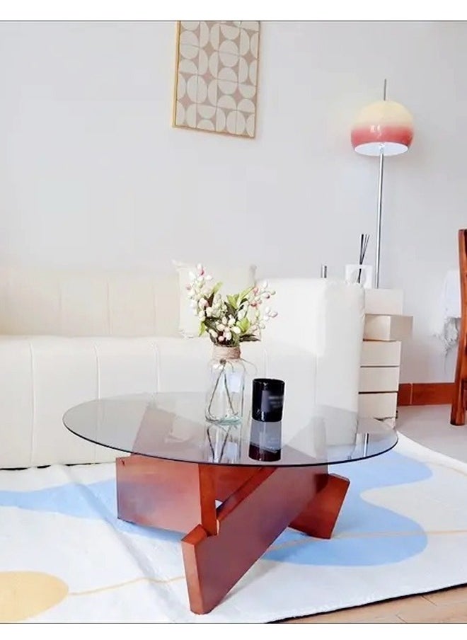 fashionhome 1-Piece Round Coffee Table Glass Top Irregular Wood Geometric Base Sofa Side End Table For Living Room Office Bedroom 80 x 30 cm  - Image 2