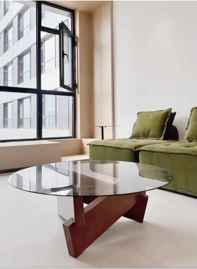 fashionhome 1-Piece Round Coffee Table Glass Top Irregular Wood Geometric Base Sofa Side End Table For Living Room Office Bedroom 80 x 30 cm  - Image 3